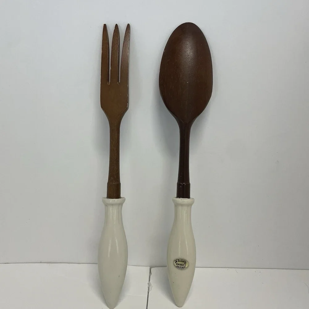 Mid-Century Salad Server Set Mackinac Is. Souvenir W/ Rustic Deer Approx. 11 In.